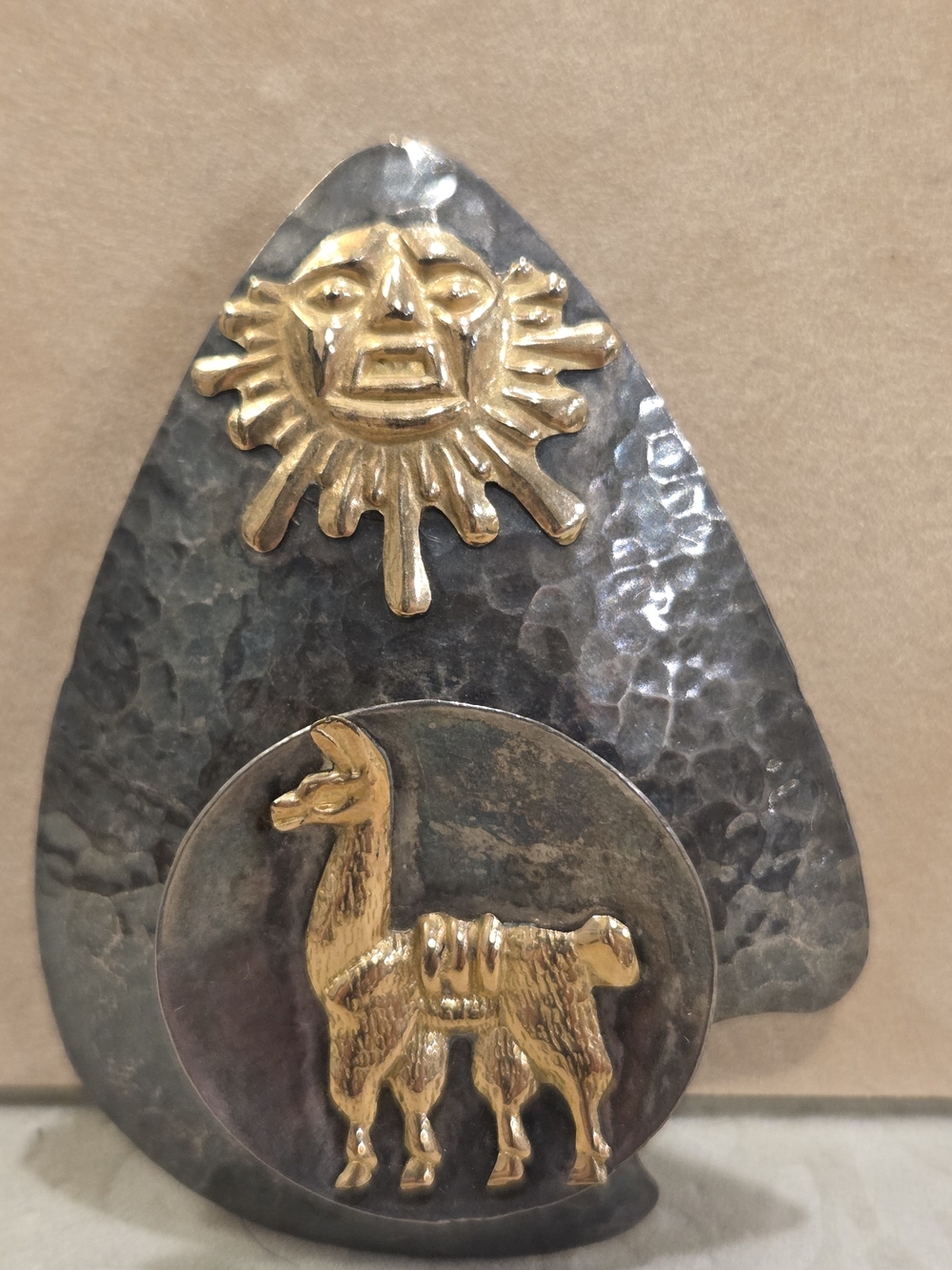 Vintage Peruvian Brooch/Pendant 18k Llama & Sun on Sterling Silver